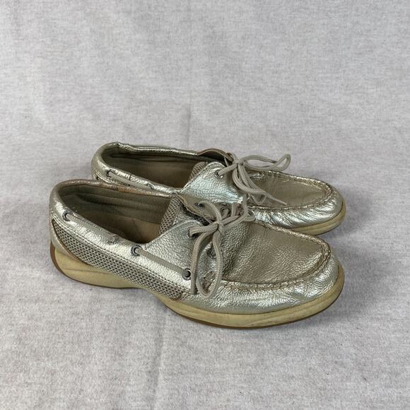 Sperry Womens Top Sider Gold Boat Shoes Size 7.5M Leather Slip On Casual Flats - Picture 1 of 10